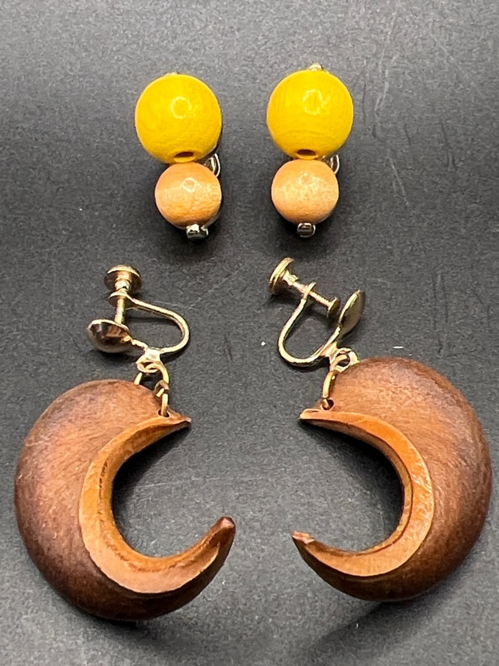 Vintage Yellow Beaded and Wooden Crescent Earrings Set